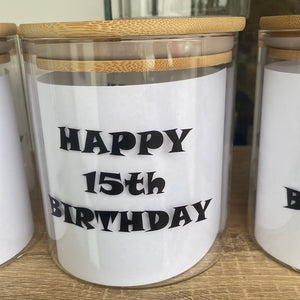 Age Birthday Decal Medium Glass Jar with Bamboo Lid
